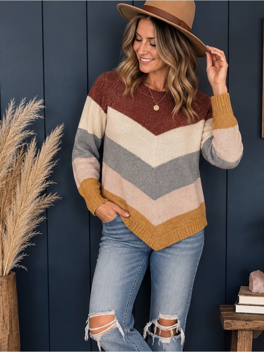 Fortune + Ivy Chevron Knit Sweater Boho 70s Retro Fall Small